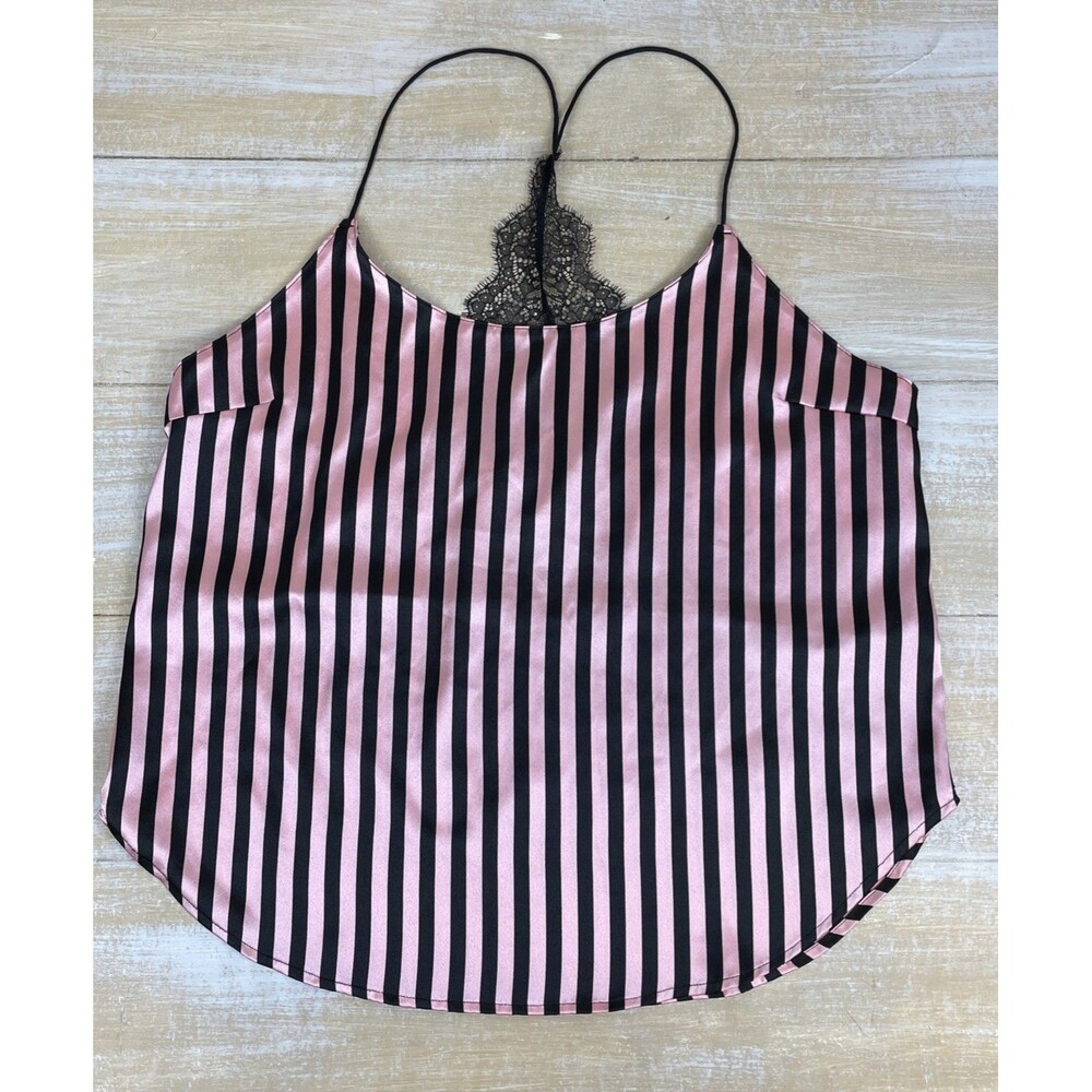 Victorias Secret Pink Label Black & Pink Lace Striped Size L Satin Nighty Top